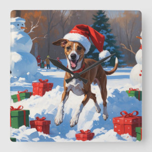 Greyhound Running in Snow with Christmas Hat Square Wall Clock