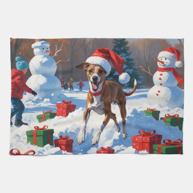 Greyhound Running in Snow with Christmas Hat Tea Towel (Horizontal)