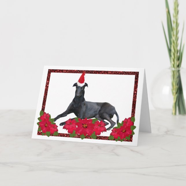 Greyhound Santa Hat Christmas Poinsettia  Holiday Card (Front)