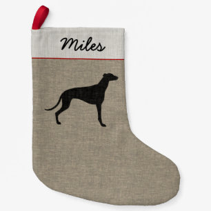 Greyhound Silhouette Faux Linen Dog Breed Holiday Small Christmas Stocking