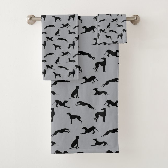 Greyhound Silhouettes Black on Grey Bath Towel Set (Insitu)