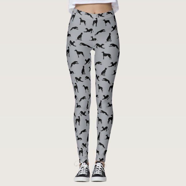 Greyhound Silhouettes Black on Grey Leggings (Front)