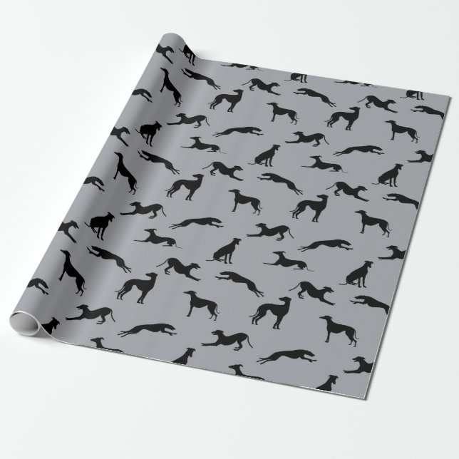Greyhound Silhouettes Black on Grey Wrapping Paper (Unrolled)