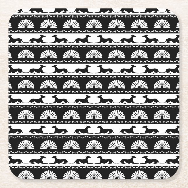 Greyhound Silhouettes Black White Art Deco Fan Square Paper Coaster (Front)