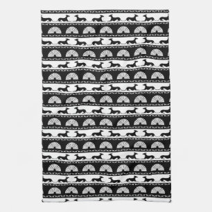 Greyhound Silhouettes Black White Art Deco Fan Tea Towel