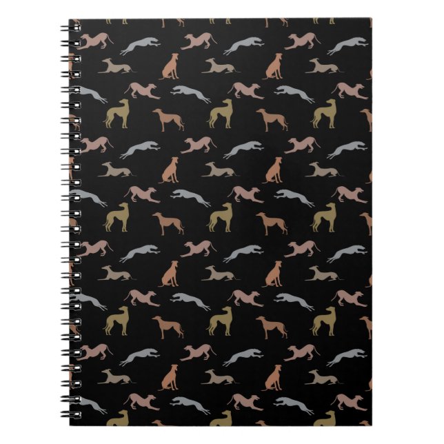 Greyhound Silhouettes Metallic Shades on Black Notebook (Front)