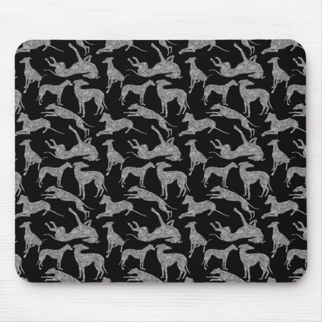 Greyhound Silhouettes Silver Faux Glitter Mouse Pad (Front)