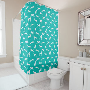 Greyhound Silhouettes White on Aqua Shower Curtain