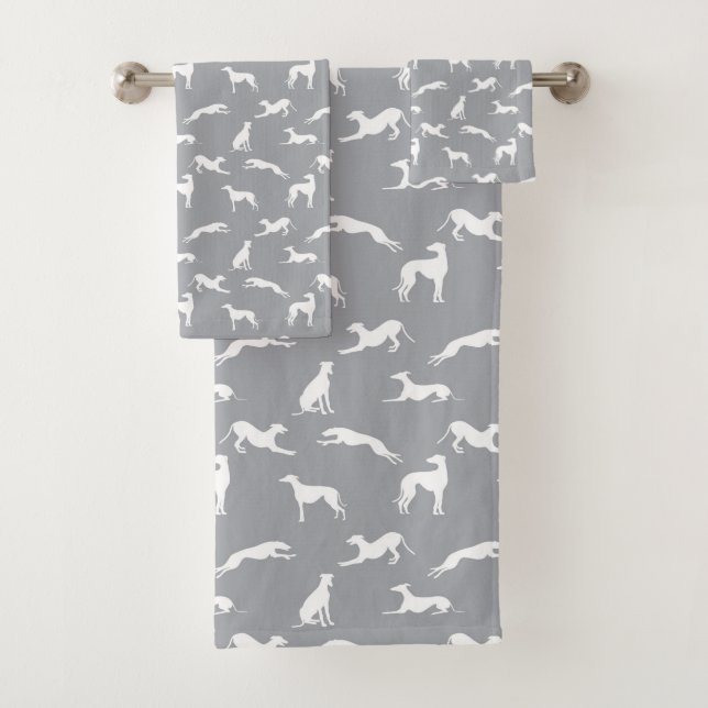 Greyhound Silhouettes White on Grey Bath Towel Set (Insitu)