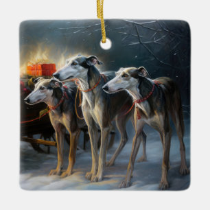 Greyhound Snowy Sleigh Christmas Decor Ceramic Ornament