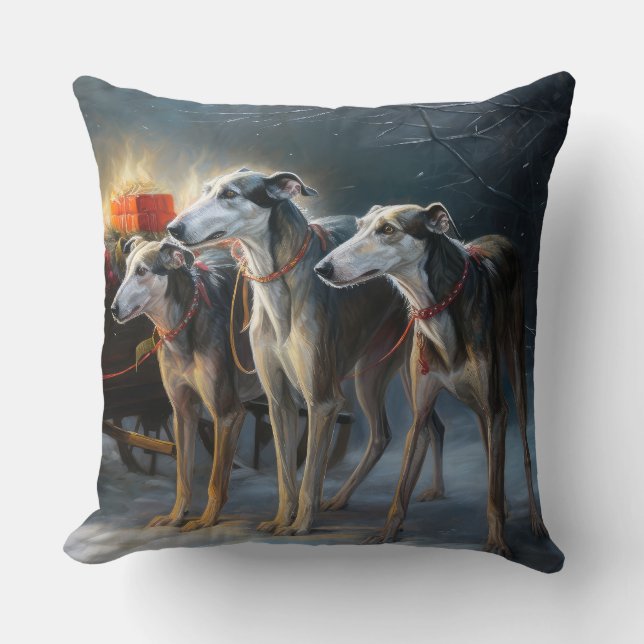 Greyhound Snowy Sleigh Christmas Decor Cushion (Front)