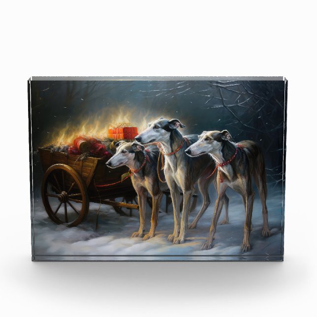 Greyhound Snowy Sleigh Christmas Decor Photo Block (Front)
