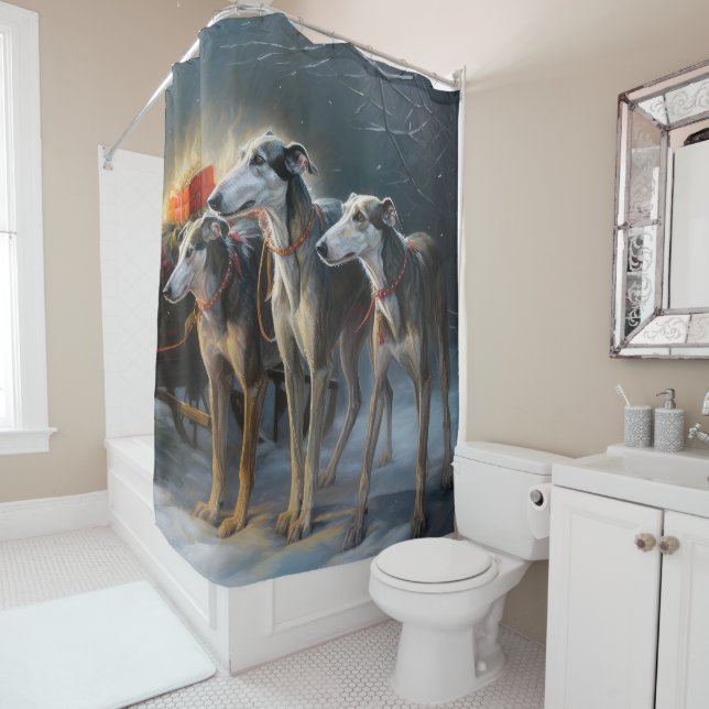 Greyhound Snowy Sleigh Christmas Decor Shower Curtain (In Situ)