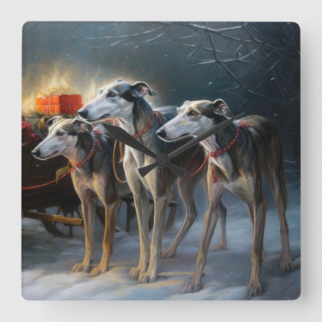Greyhound Snowy Sleigh Christmas Decor Square Wall Clock (Front)