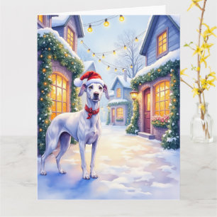 Greyhound Snowy Village Santa Hat Christmas Art Card
