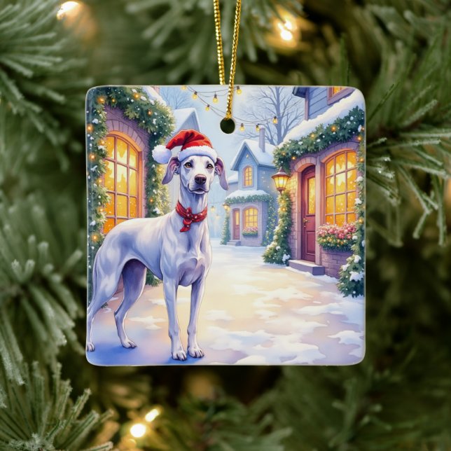 Greyhound Snowy Village Santa Hat Christmas Art Ceramic Ornament (Tree)
