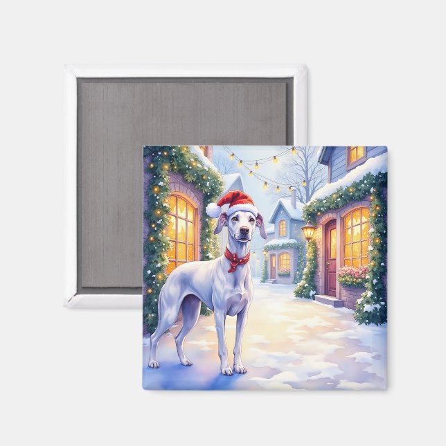 Greyhound Snowy Village Santa Hat Christmas Art Magnet (Front/Back)