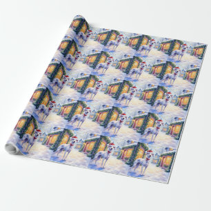 Greyhound Snowy Village Santa Hat Christmas Art Wrapping Paper