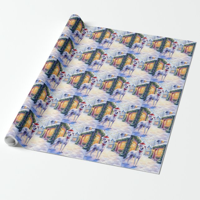 Greyhound Snowy Village Santa Hat Christmas Art Wrapping Paper (Unrolled)