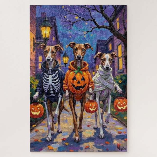 Greyhound Trick-or-Treating in Halloween Costumes Jigsaw Puzzle (Vertical)