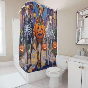 Greyhound Trick-or-Treating in Halloween Costumes Shower Curtain