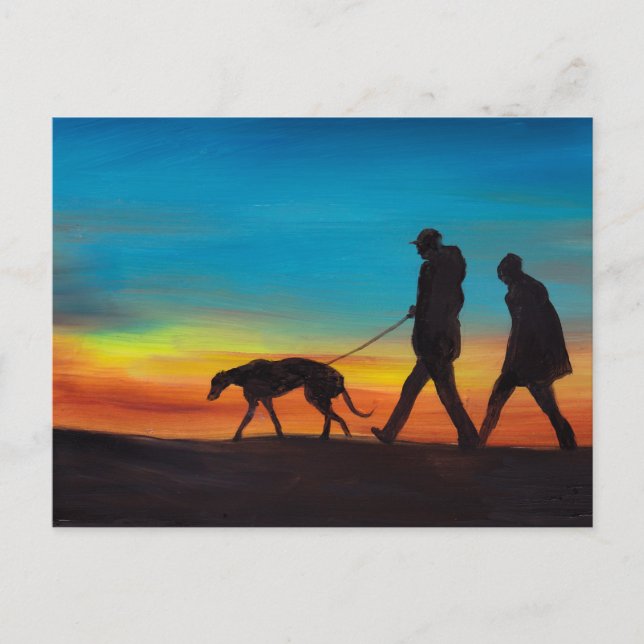 Greyhound Walk at Sunset Dog Art Postcard (Front)