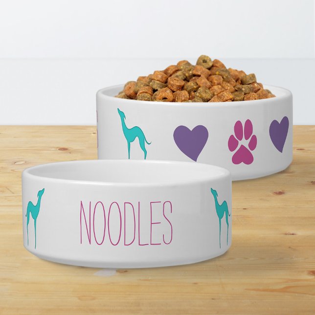 Greyhound Whippet Cute Paws and Hearts Dog name Bowl (Creator Uploaded)