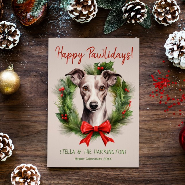 Greyhound Whippet Dog Christmas Happy Pawlidays Holiday Card (Creator Uploaded)