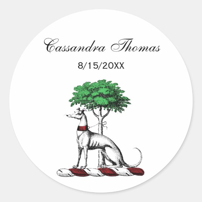 Greyhound Whippet With Tree Heraldic Crest Emblem Classic Round Sticker (Front)