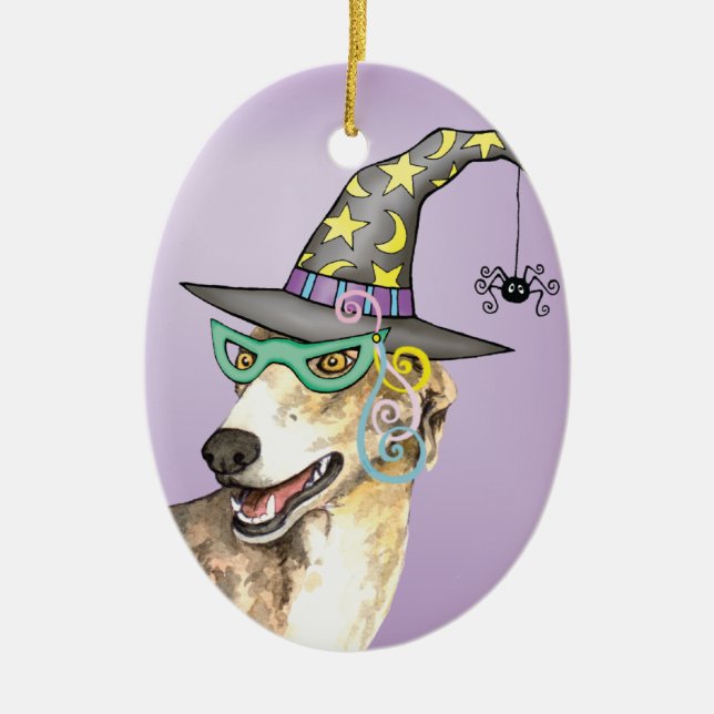 Greyhound Witch Ceramic Tree Decoration (Front)