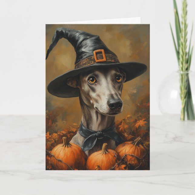 Greyhound Witch Halloween Holiday Card (Front)