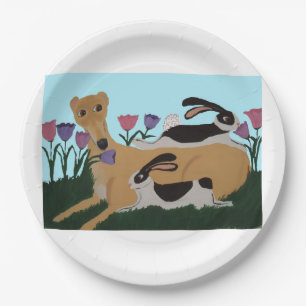 Greyhound with bunnies paper plate