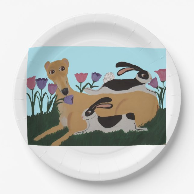 Greyhound with bunnies paper plate (Front)