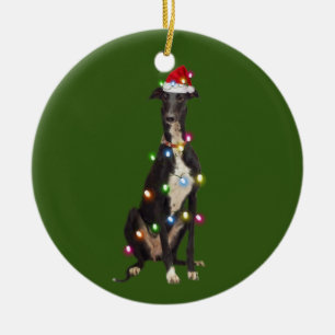 Greyhound With Christmas Scafts Santa Hat Ceramic Ornament