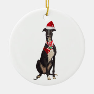 Greyhound With Hat Scaft Christmas Ceramic Ornament