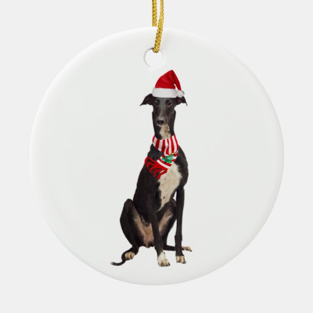 Greyhound With Hat Scaft Christmas Ceramic Ornament (Front)