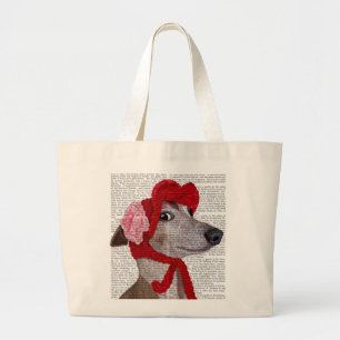 Greyhound with Red Woolly Hat 2 Large Tote Bag