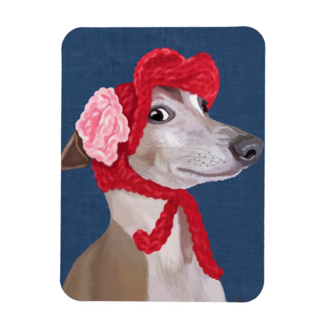 Greyhound with Red Woolly Hat Magnet (Vertical)
