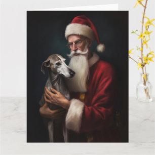 Greyhound With Santa Claus Festive Christmas Card