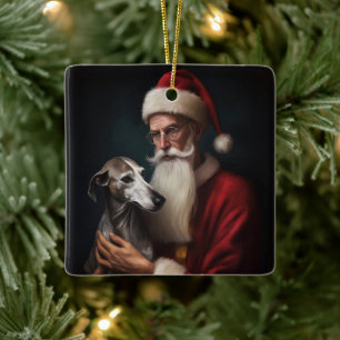 Greyhound With Santa Claus Festive Christmas Ceramic Ornament
