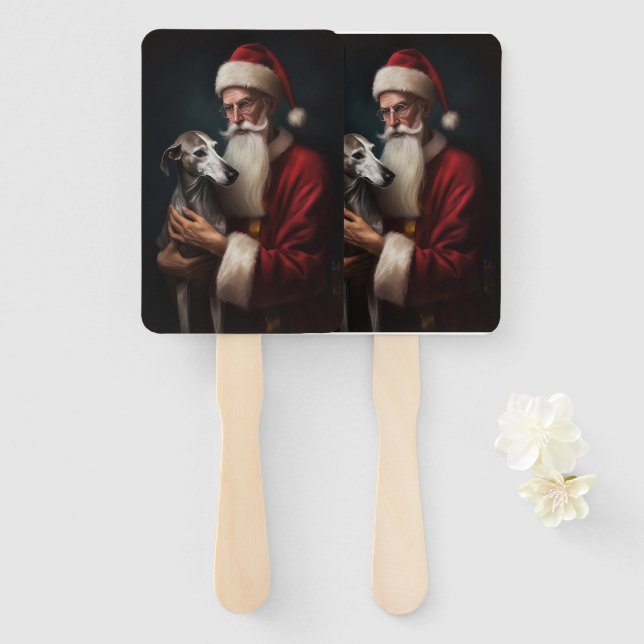 Greyhound With Santa Claus Festive Christmas Hand Fan (Front and Back)