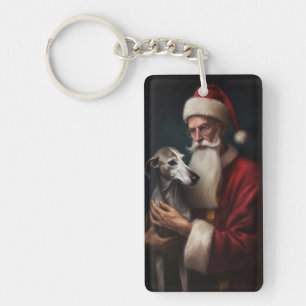 Greyhound With Santa Claus Festive Christmas Key Ring