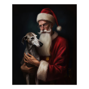 Greyhound With Santa Claus Festive Christmas Poster