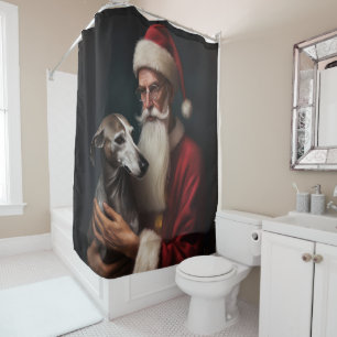 Greyhound With Santa Claus Festive Christmas Shower Curtain