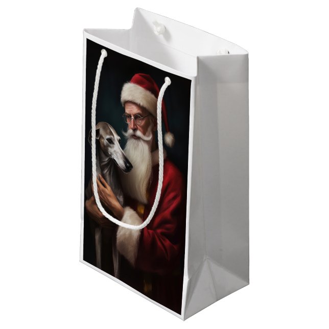 Greyhound With Santa Claus Festive Christmas Small Gift Bag (Front Angled)