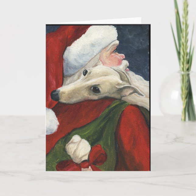 "Greyhound with Santa" Dog Art Christmas Card (Front)
