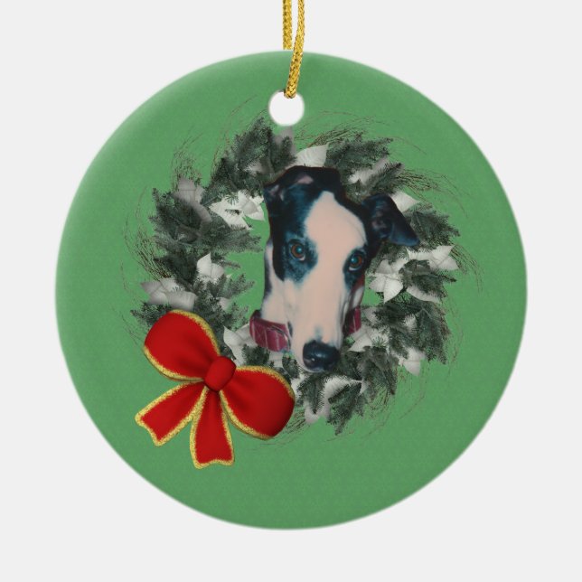 Greyhound Wreath Holiday Dog Ornament (Front)
