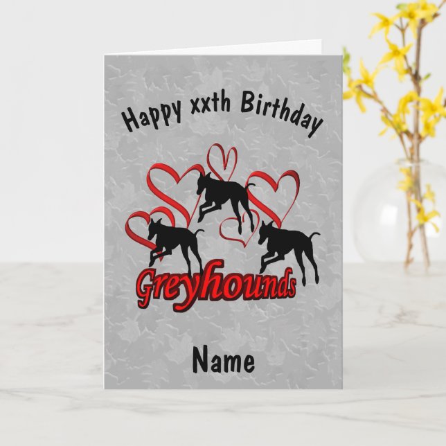 Greyhounds And Red Hearts Birthday   Card (Yellow Flower)
