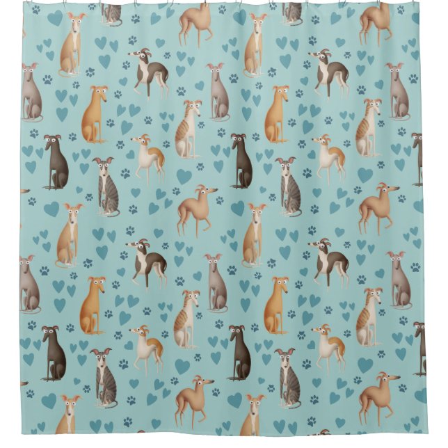Greyhounds with hearts and paw prints shower curtain (Front)