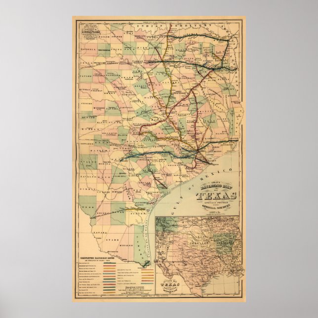 Grey's Railroad Map of Texas (1877) Poster (Front)